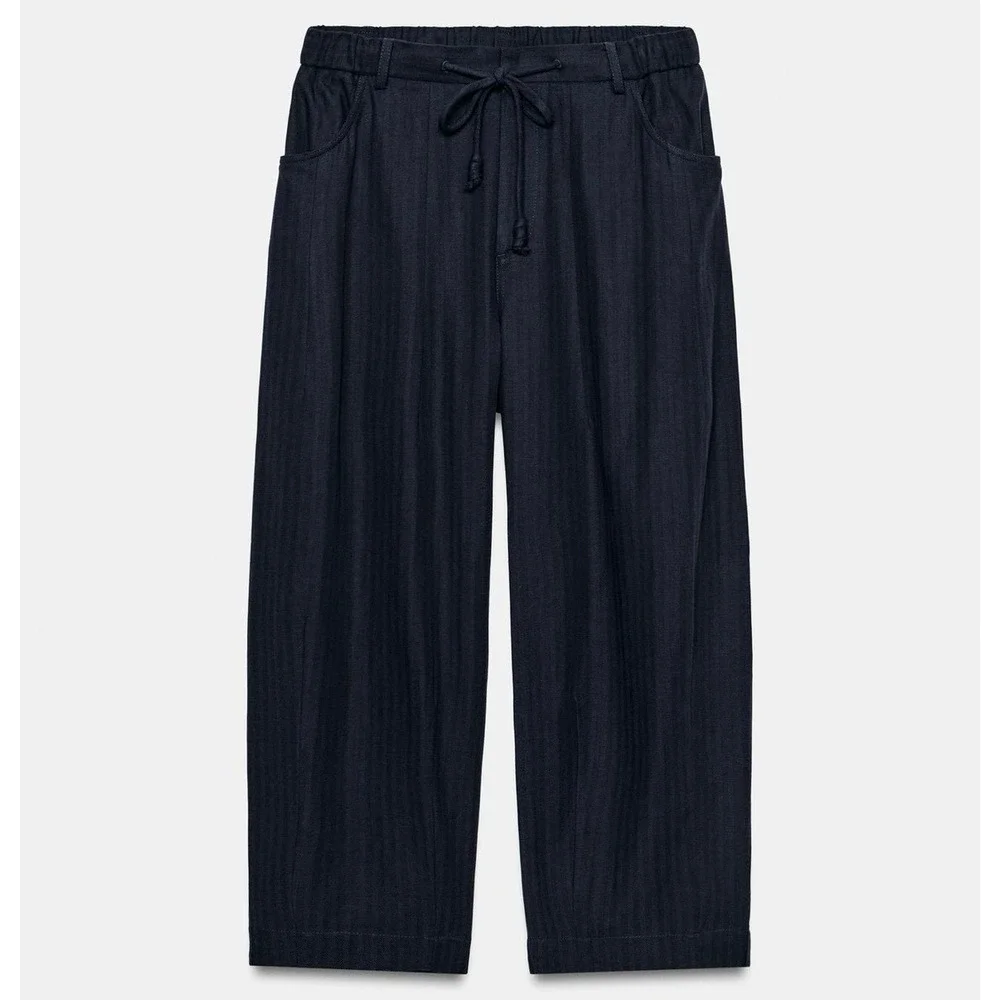 NWT Zara Woman ZW Collection Herringbone Textured Wide Leg Pants Navy Blue